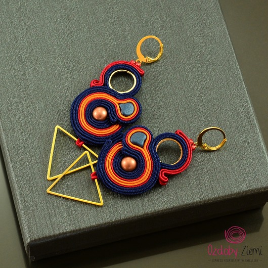 kolczyki soutache Pomarańczowo granatowe kolczyki sutasz