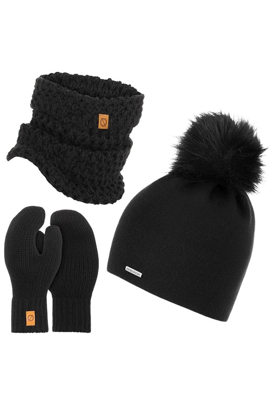 czapki damskie Czarny komplet damski czapka z pomponem komin rękawiczki ciepły zestaw