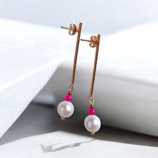 kolczyki z kamieniami Kolczyki FUCHSIA & PEARL collection: perła i agat : długie sztyfty