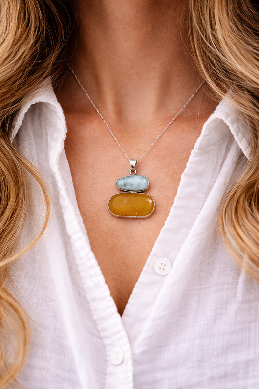 wisiory Naszyjnik Larimar z bursztynem w srebrze - Naszyjnik bursztynowy - Zawieszka