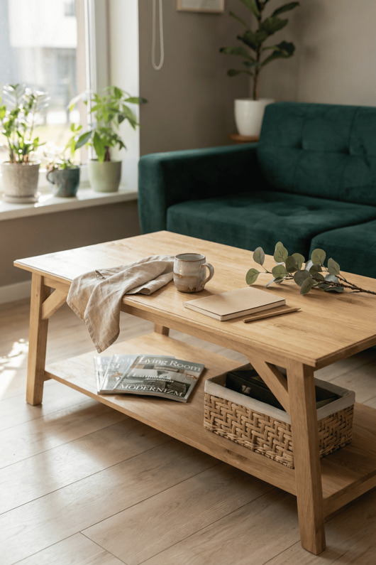 stoliki kawowe Drewniany stolik kawowy z półką