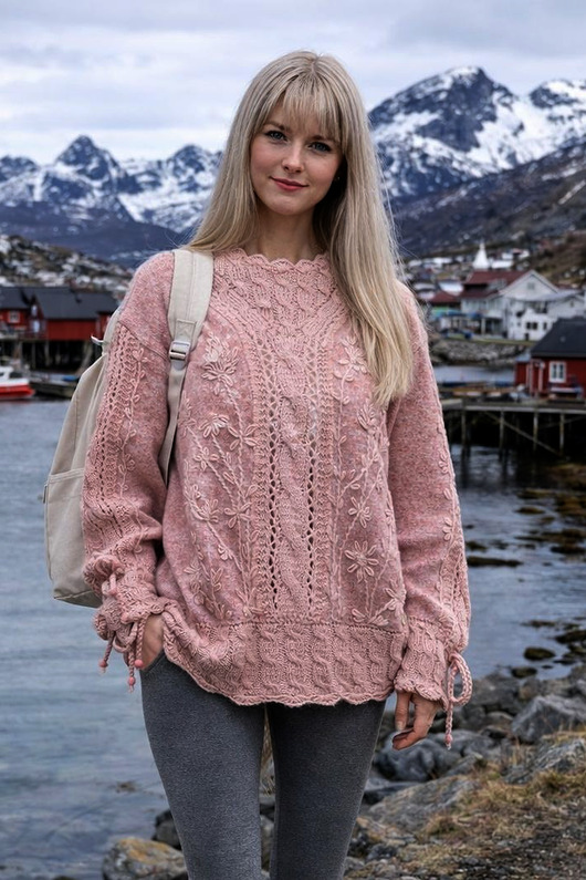 swetry damskie  Sweter różowy z warkoczami i haftami, rozmiar XL/XXL