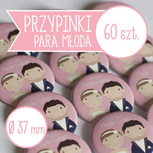 60 szt. przypinki ślubne Młoda Para 37 mm inkipinki
