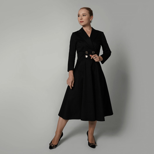 sukienki midi damskie Elegancka sukienka marynarkowa dwurzędowa rozkloszowana czarna