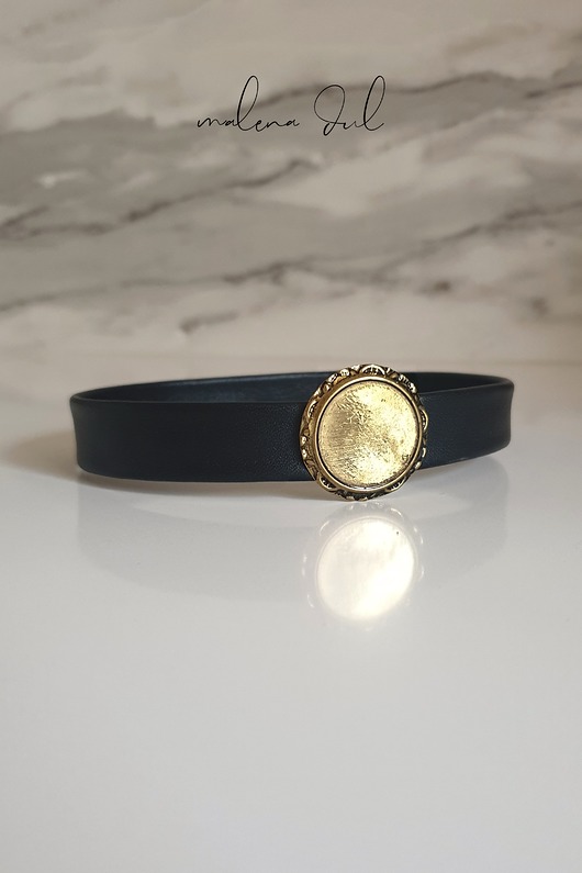 chokery CHOKER skóra naturalna czarny złota broszka Glamrock