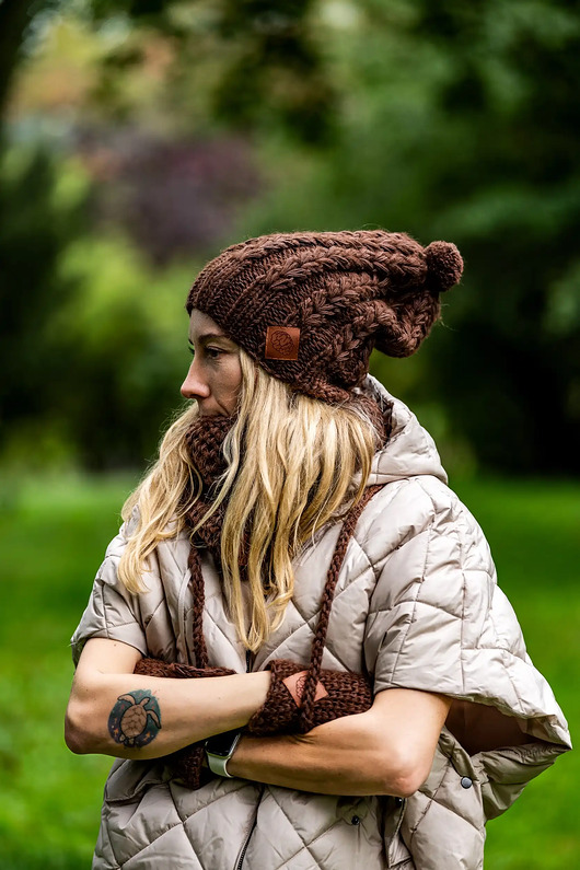 czapki damskie Czapka MERINO Smile Brąz+ podszewka JEDWAB