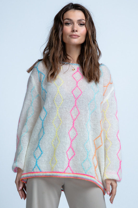swetry damskie  Lekki kolorowy sweter mgiełka z wełny alpaki F1843 Ecru