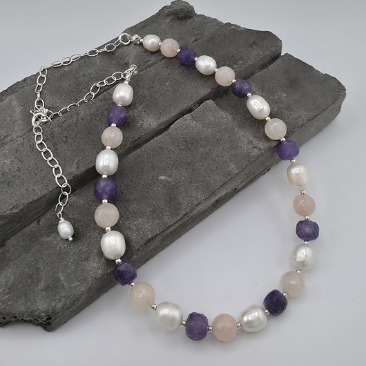 srebrne naszyjniki Perła, ametyst, jadeit - naszyjnik