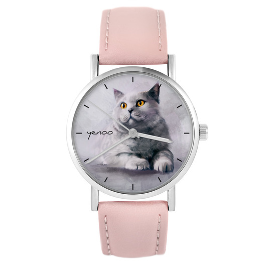 zegarki damskie Zegarek - Kot brytyjski - pudrowy róż, skóra