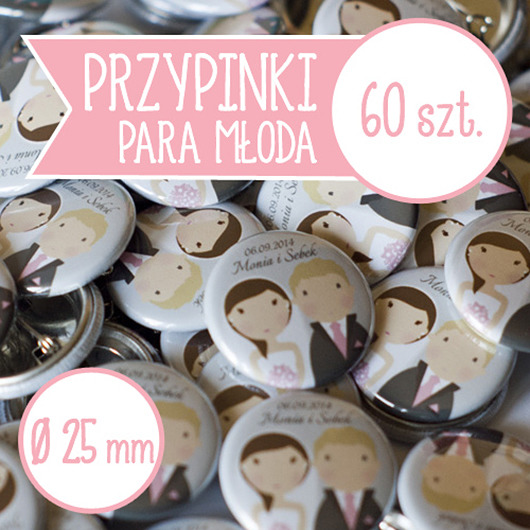 60 szt. przypinki ślubne Młoda Para 25 mm inkipinki