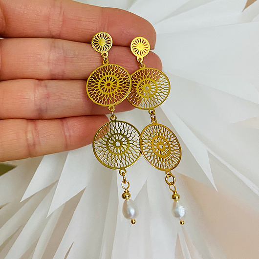 kolczyki pozłacane Kręgi Światła- KOLCZYKI koła,  złote kolczyki z perłami