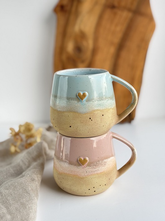 kubki 2 x Kubek ceramiczny  - Różowe i niebieskie migdały z sercem