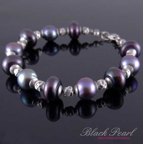 Czarne Perły w Srebrze - bransoletka Black Pearl