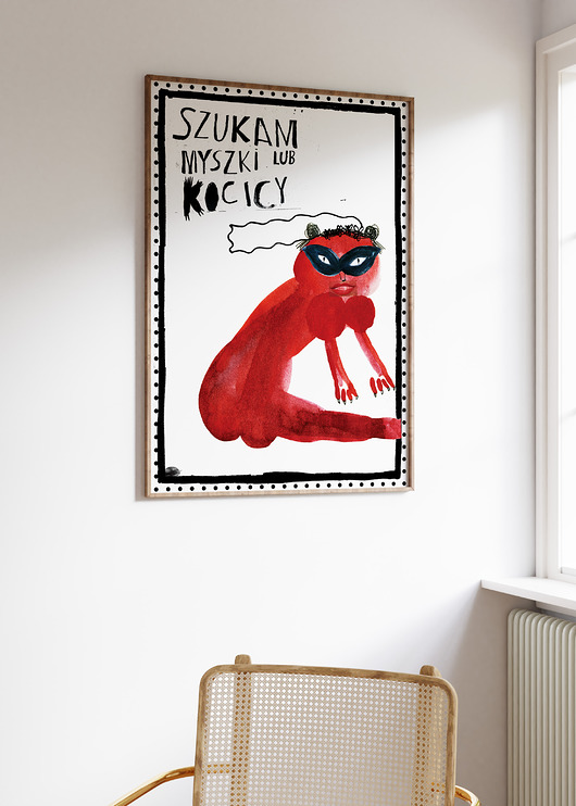 plakaty Plakat SZUKAM MYSZKI grafika zabawna ilustracja miłosna portret kot