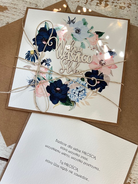 zaproszenia i kartki na ślub Ręcznie robiona kartka ślubna, na ślub z życzeniami boho