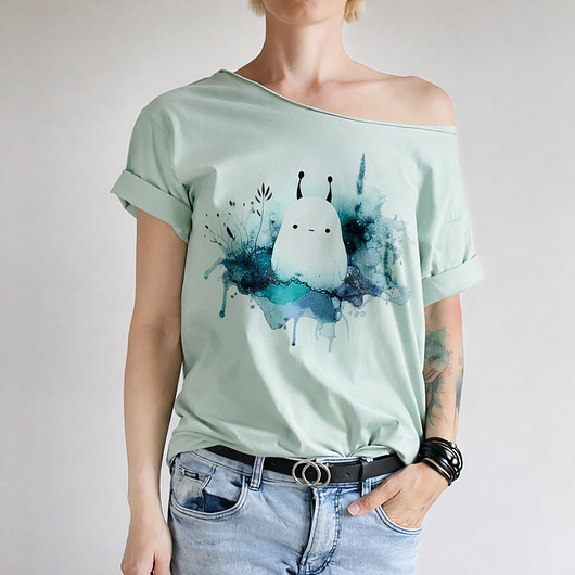t-shirt damskie Duszkowy ludzik zielononiebieski Szałwia Oversize