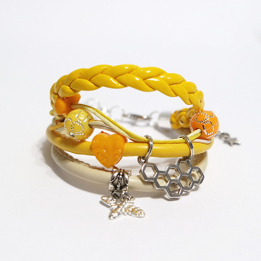 bransoletki - inne Bransoletka - Żółta pszczoła, plaster miodu - rzemienie