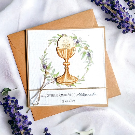 kartki na komunię Kartka, PERSONALIZACJA : I Komunia Święta :: oliwki: kielich.