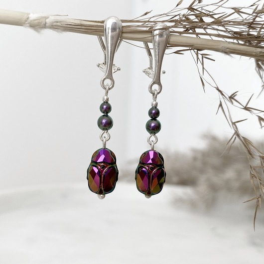 kolczyki swarovski Klipsy srebrne-Śliwkowe skarabeusze