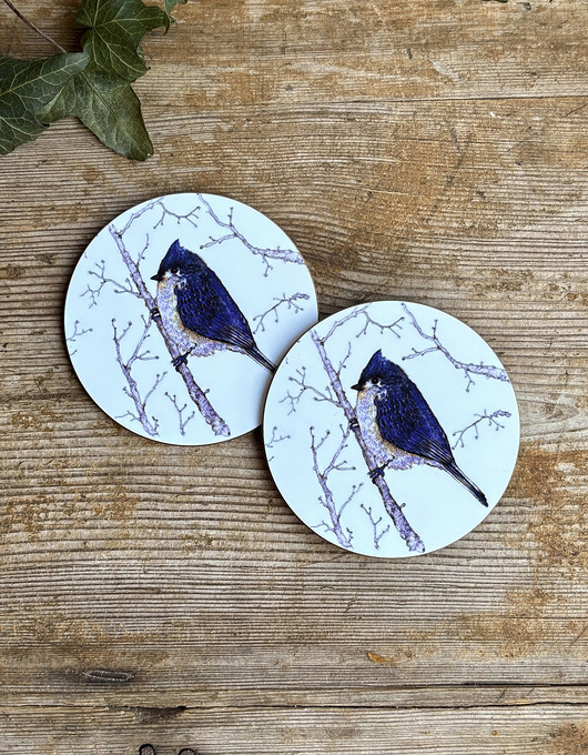 podkładki do kuchni Podkładki pod kubek- Ptaszek w typie sikorki- Czubatka- Ptaki- Ilustracja