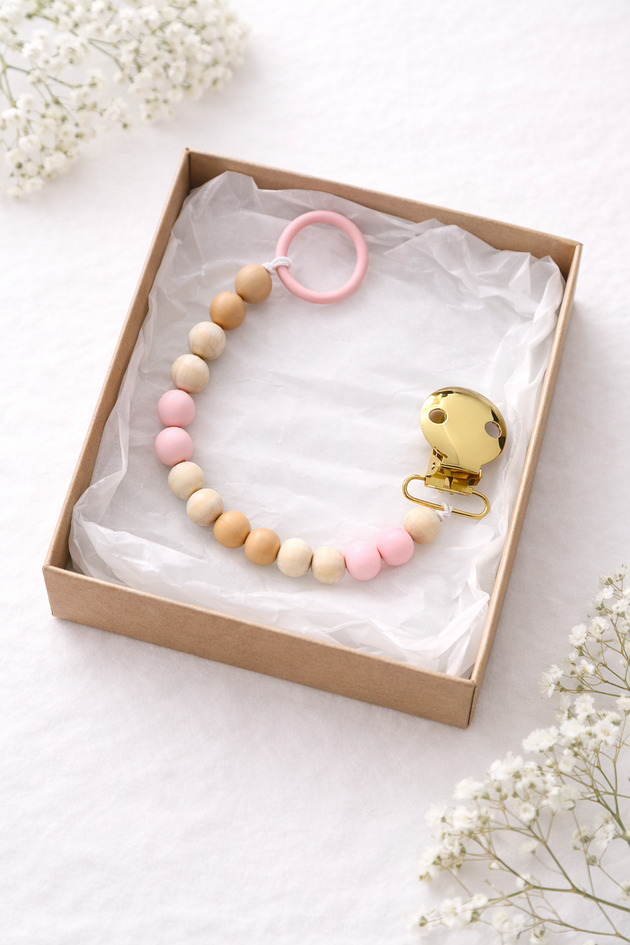niemowlak - inne Drewniana zawieszka koralikowa do smoczka dla dziecka z pudełkiem