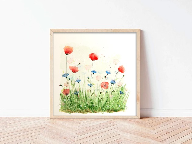 obrazy Oryginalna akwarela. Maki i chabry a23x23cm