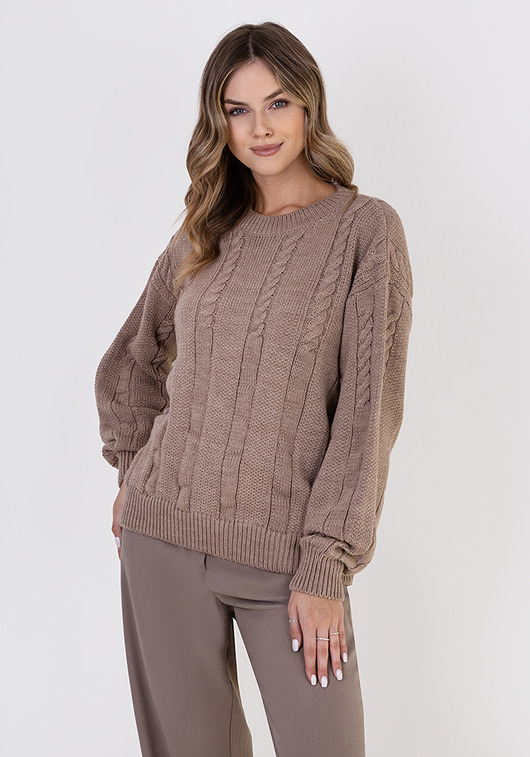 swetry damskie  Oryginalny sweter w warkoczowe wzory - SWE323 mocca MKM