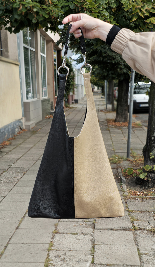 torby XXL Beżowo czarna torba ze skóry