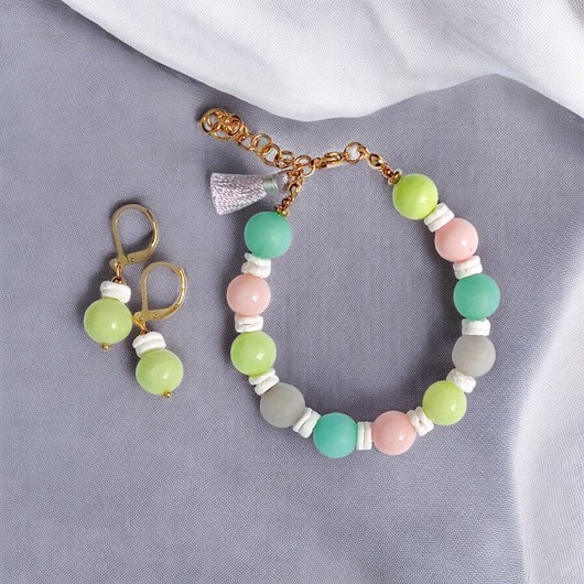 komplet biżuterii HOT TREND : komplet : bransoletka, kolczyki : pastelle : jadeit 10mm