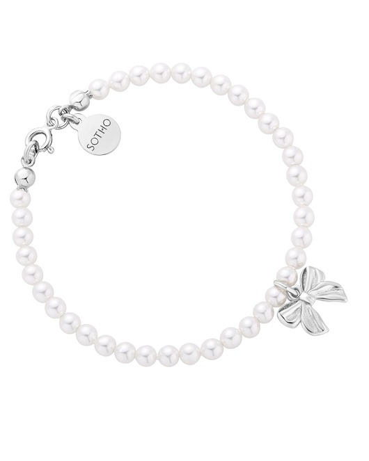 bransoletki srebrne Srebrna bransoletka z białych pereł SWAROVSKI CRYSTAL z kokardką