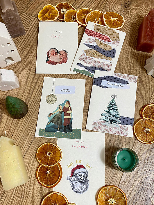 kartki scrapbooking Retro, kolażowe kartki świąteczne - zestaw 5 szt