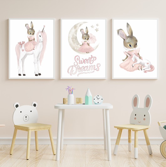 Plakat obrazek pastelowy króliczek unicorn 3 szt. Dekoracjan