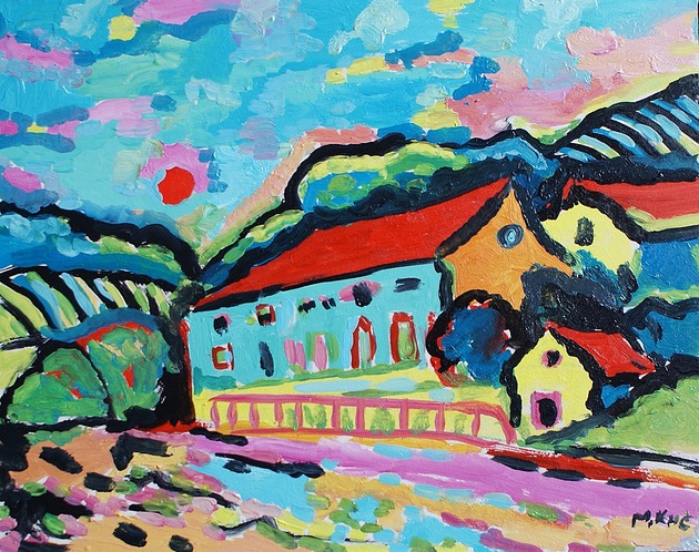 obrazy Kolorowy obraz  do salonu pejzaż wioska ekspresjonizm