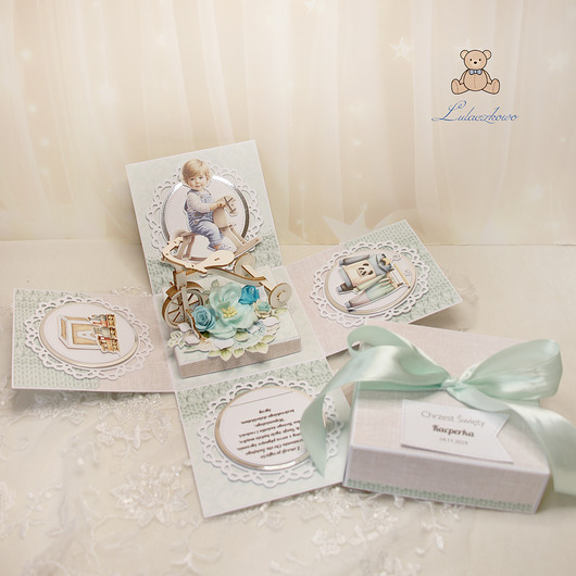 kartki, zaproszenia na chrzest Exploding box na chrzest roczek narodziny "Tiny Miracle" GOTOWY