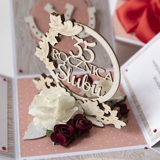 kartki scrapbooking 35 rocznica ślubu, koralowe gody, exploding box, kartka 3d