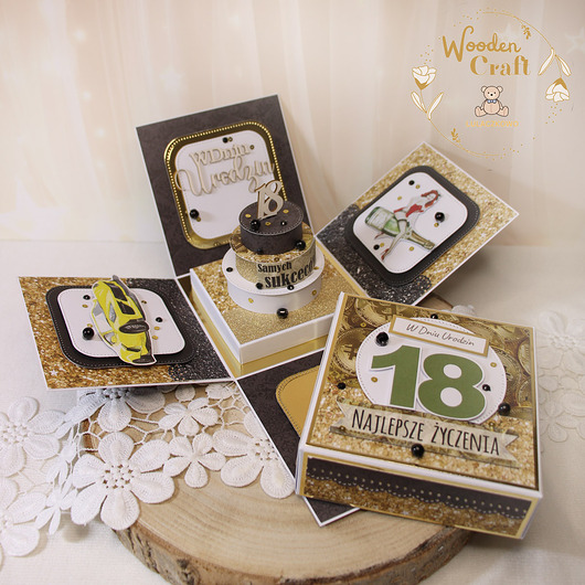 kartki scrapbooking Exploding box prezent na 18 urodziny, męska kartka urodzinowa GOTOWA