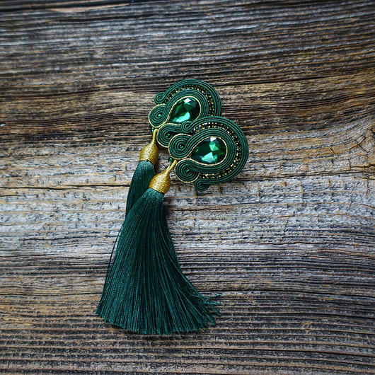 kolczyki soutache Ciemno zielone kolczyki sutasz z chwostami