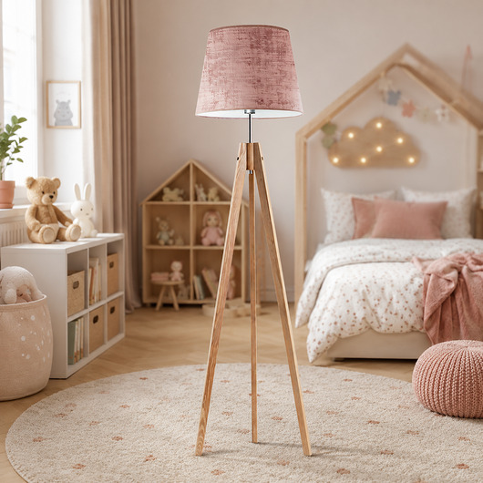 lampy do pokoju dziecka Drewniana lampa podłogowa na 3 nogach dla dzieci ARUBA VELUR KIDS z abażurem