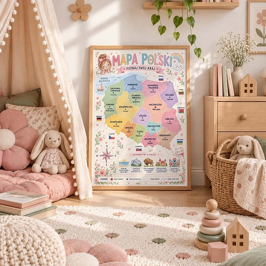 obrazy i plakaty do pokoju dziecięcego Plakat edukacyjny MAPA POLSKI dla dziewczynki
