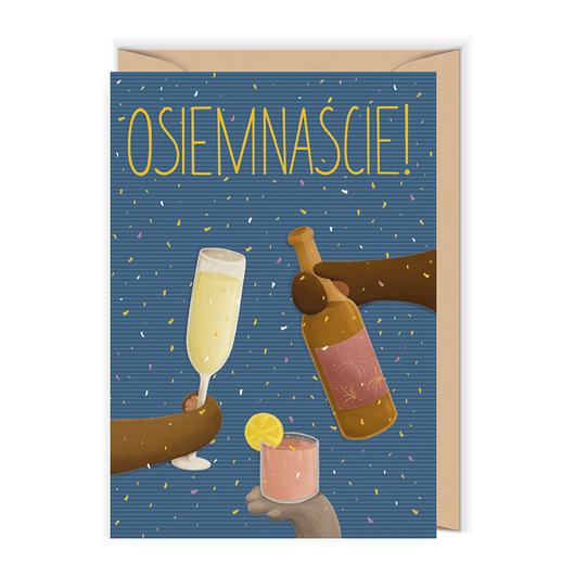 kartki okolicznościowe - wydruki Granatowa kartka z okazji osiemnastych urodzin z drinkami