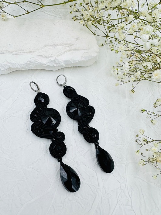 kolczyki soutache Ręcznie robione kolczyki sutasz czarne z kryształami