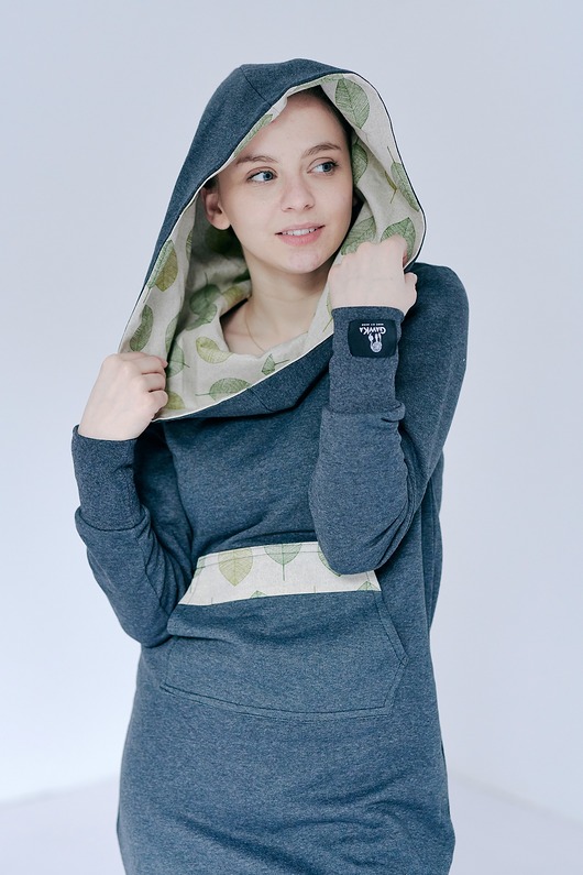 bluza z kapturem damska Grafitowa  w liście