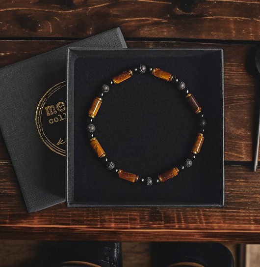 biżuteria męska ODWAGA, SIŁA, DOBROBYT : tygrysie oko, onyks, hematyt : gold