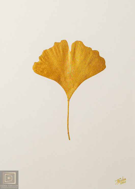 Ozdoby na ścianę Dekoracja Botaniczna. Złoty Liść Miłorząb 30x40cm. Naturalny Dekor Ścienny