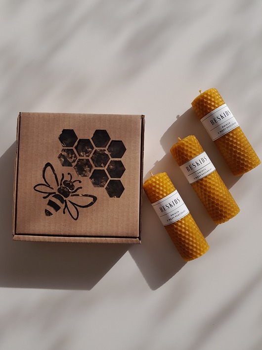 świeczniki i świece Zestaw 3 ręcznie zwijanych świec z węzy pszczelej