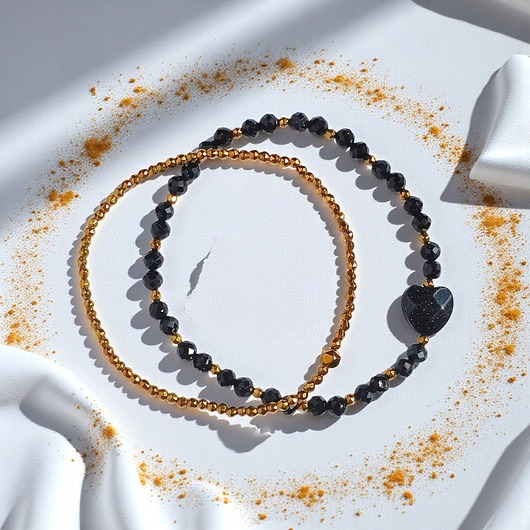 bransoletki z kamieni naturalnych Komplet granatowo-złoty : bransoletki z serduszkami : na prezent