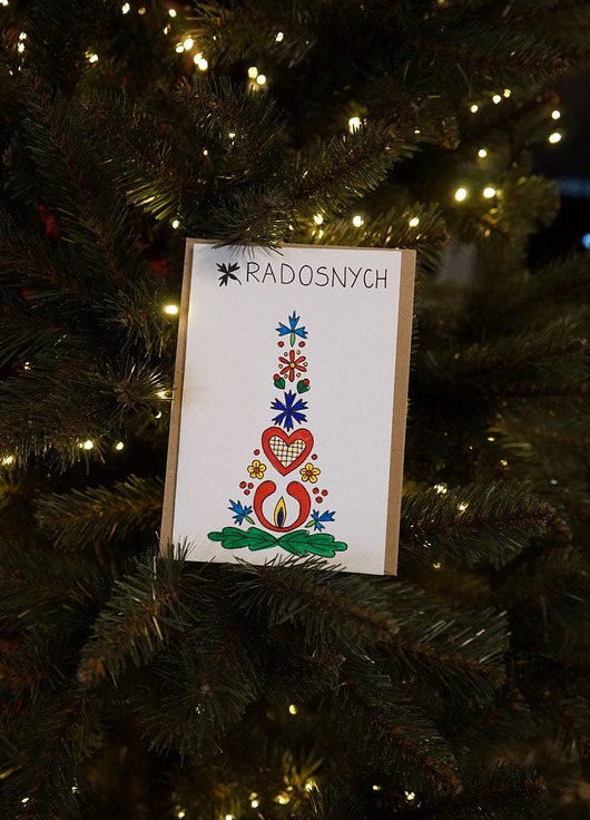 kartki okolicznościowe - wydruki Kartka Świąteczna Choinka kociewska, akwarela.