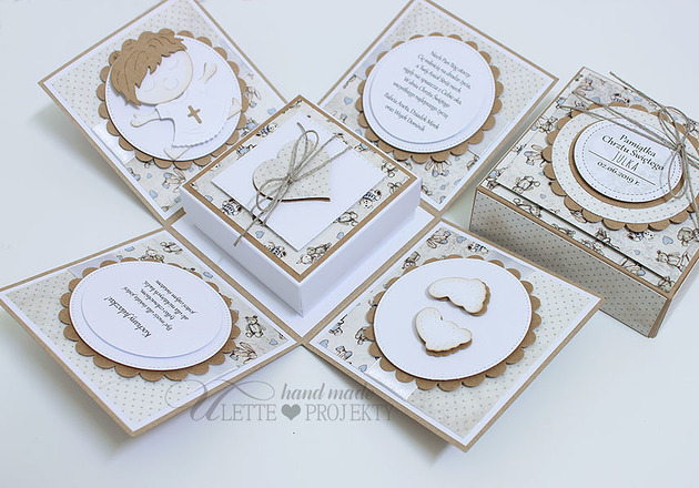 kartki, zaproszenia na chrzest Exploding box, pamiątka chrztu świętego