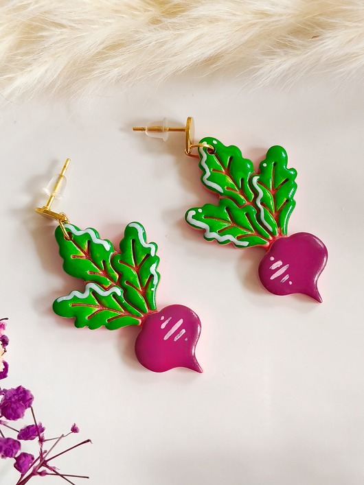 kolczyki z masy plastycznej Kolczyki z burakiem, biżuteria z motywem roślin, dla ekologa, boho