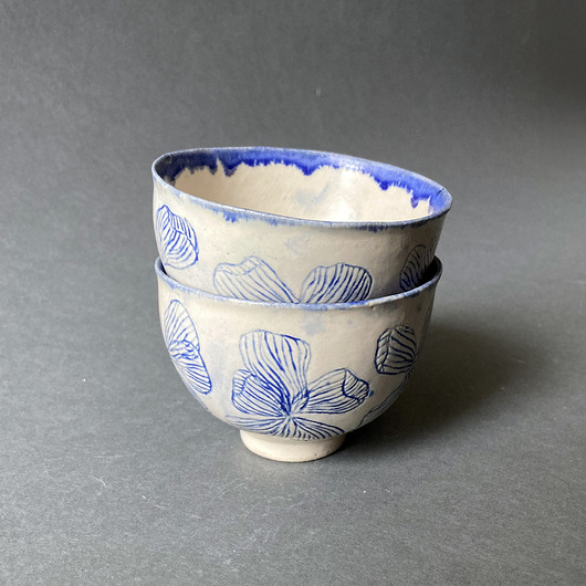 filiżanki Zestaw Ceramicznych Czarek - Kwiatowy, Kobaltowy Wzór